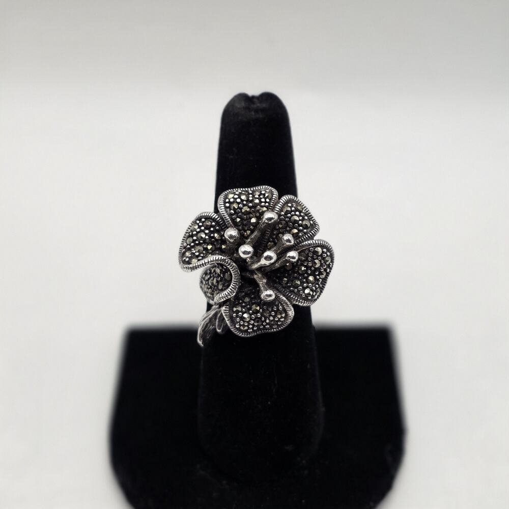 Vintage Sterling Silver 925 Marcasite Calla Lily Flower Ring Size 7
